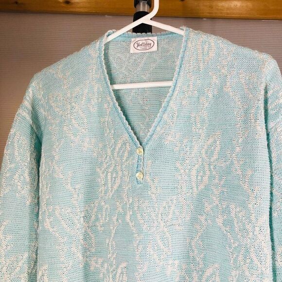 Holiday KNITWEAR Vintage Blue White Floral Knit Vneck Sweater‎ Sz S/M - Picture 5 of 9